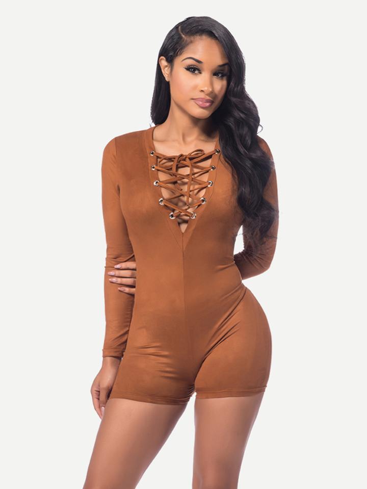 Shein Plunging Lace Up Bodycon Romper