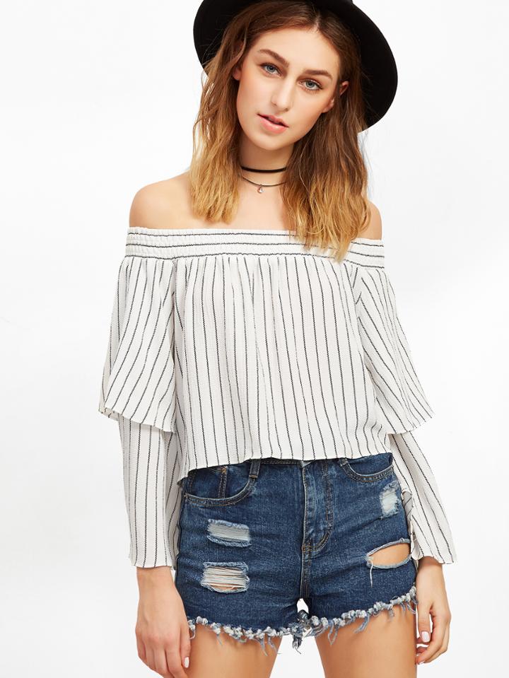 Shein White Vertical Striped Layered Sleeve Off The Shoulder Top