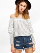 Shein White Vertical Striped Layered Sleeve Off The Shoulder Top