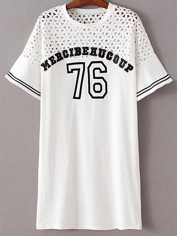 Shein White Letters Embroidery Hollow Bell Sleeve Dress