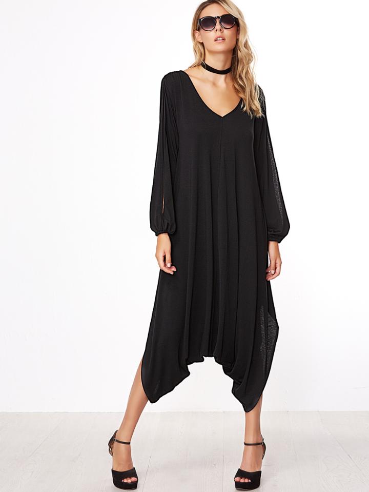 Shein V Neckline Split Sleeve Crop Drop Crotch Jumpsuit