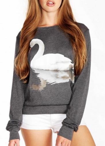 Rosewe Sweet Long Sleeve Round Neck Sweats With Swan Print