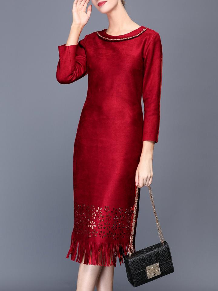 Shein Burgundy Hollow Tassels Sheath Dress