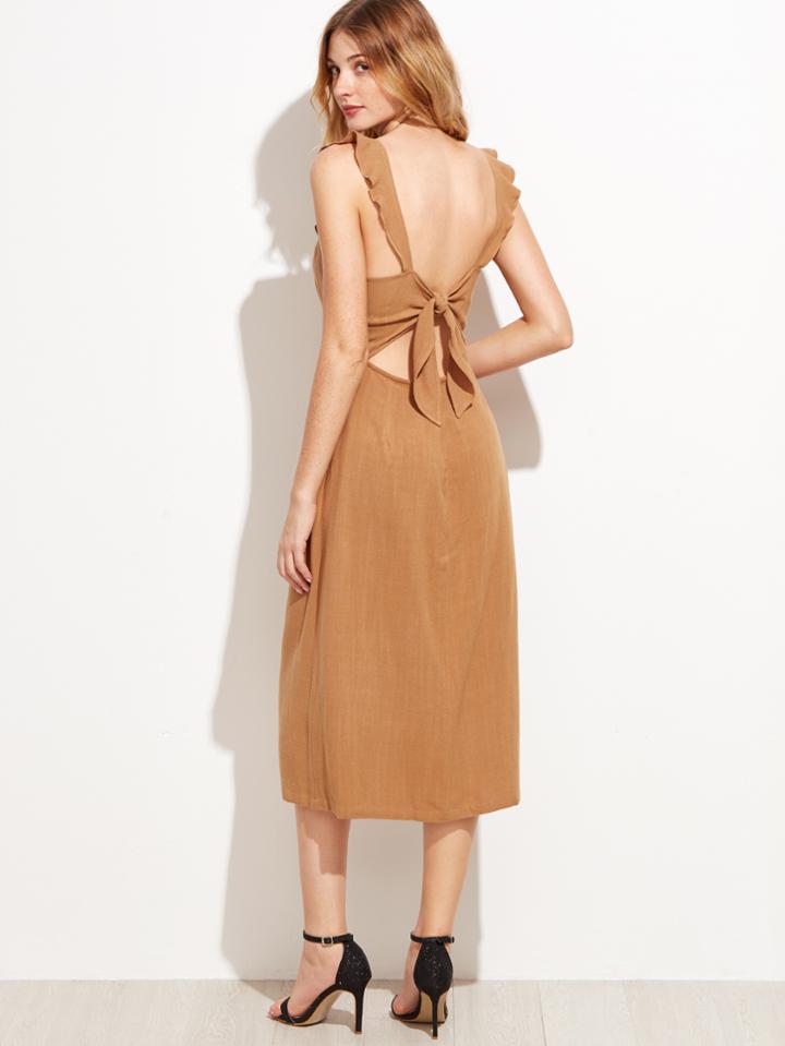Shein Camel Frill Trim Knot Back Sleeveless Dress