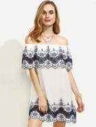 Shein White Embroidered Ruffle Off The Shoulder Dress