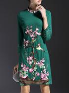 Shein Green Collar Flowers Embroidered Shift Dress