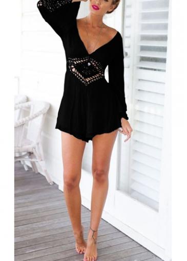 Rosewe Cutout Back V Neck Flare Sleeve Black Romper