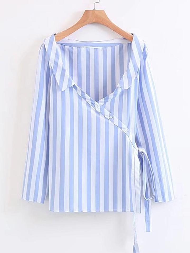 Shein Vertical Striped Lace Up Wrap Blouse