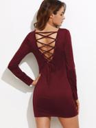 Shein Burgundy Lace Up V Back Long Sleeve Bodycon Dress