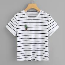 Shein Embroidered Cactus Applique Striped Tee