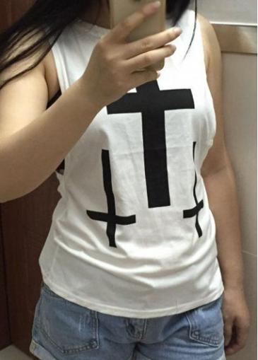 Rosewe Round Neck Crucifix Print White Tank Top