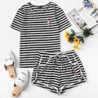 Shein Flamingo Embroidered Striped Top And Curved Hem Shorts Set