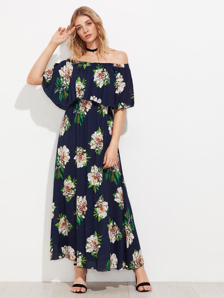 Shein Flounce Bardot Elastic Waist Dress