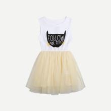 Shein Girls Letter And Cat Print Mesh Dress