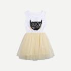 Shein Girls Letter And Cat Print Mesh Dress