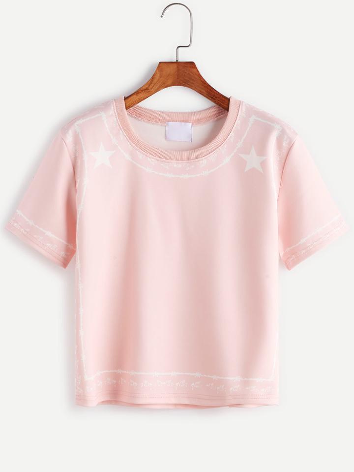Shein Pink Ribbed Trim Star Print T-shirt