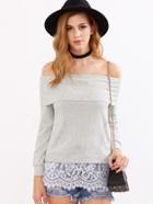 Shein Grey Ribbed Knit Foldover Off The Shoulder Lace Trim Sweatshirt
