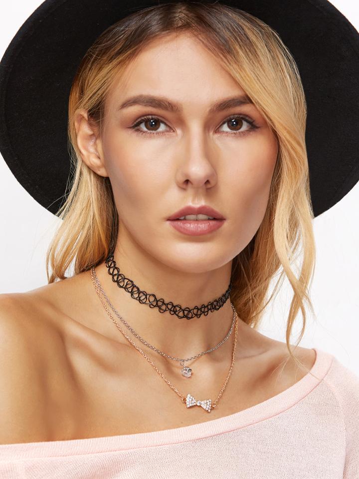 Shein Black Layered Rhinestone Bow Pendant Choker Necklace