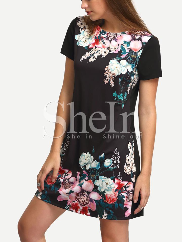 Shein Black Round Neck Floral Print Vintage Dress