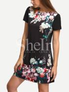 Shein Black Round Neck Floral Print Vintage Dress