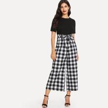 Shein Basic Tee & Tie Waist Wide Leg Pants