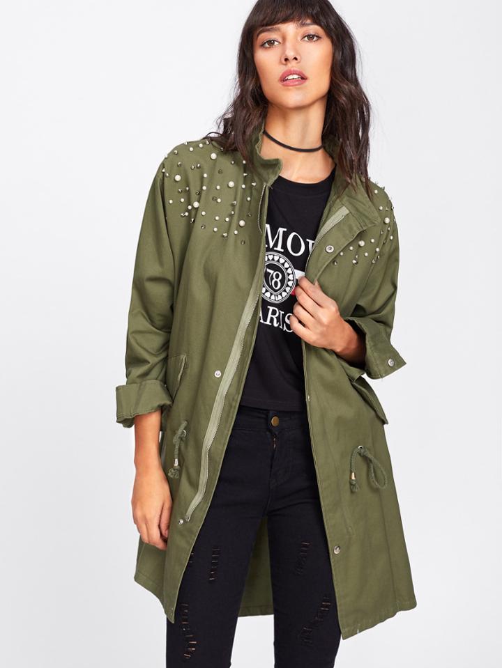 Shein Faux Pearl And Studded Drawstring Coat