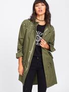 Shein Faux Pearl And Studded Drawstring Coat