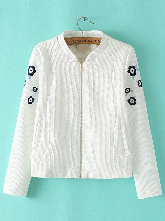 Shein White Flower Embroidered Zipper Up Coat With Pockets
