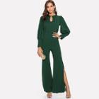 Shein Cut Out Neck Lantern Sleeve Slit Hem Jumpsuit