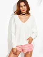 Shein White Double V Neck Lace Up Dolman Sleeve Sweater