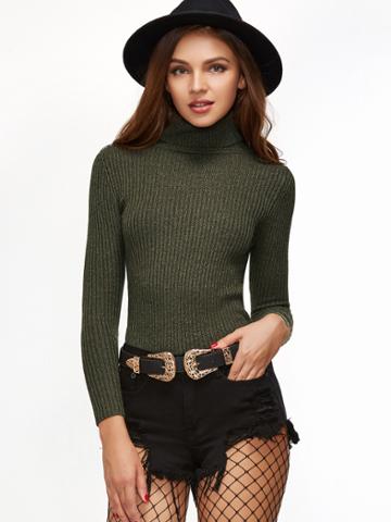 Shein Olive Green Ribbed Knit Turtleneck Slim Fit Sweater
