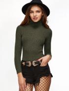 Shein Olive Green Ribbed Knit Turtleneck Slim Fit Sweater