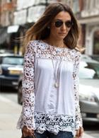 Shein White Round Neck Floral Crochet Lace Blouse