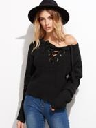 Shein Black Lace Up Drop Shoulder Chunky Sweater