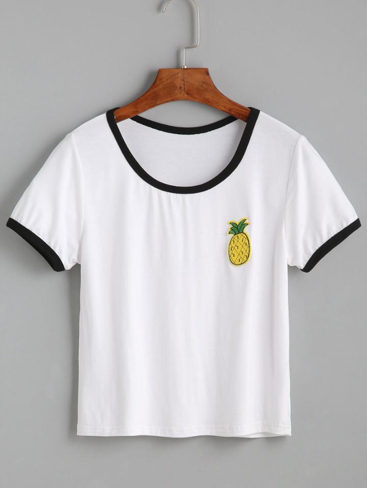 Shein White Contrast Trim Pineapple Embroidered T-shirt