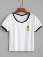 Shein White Contrast Trim Pineapple Embroidered T-shirt