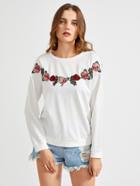 Shein Embroidered Rose Patch Drop Shoulder Pullover