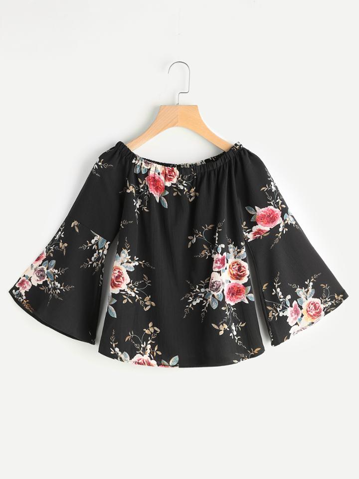 Shein Florals Boat Neck Bell Sleeve Top
