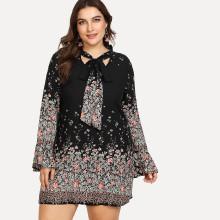 Shein Plus Tie Neck Bell Cuff Floral Dress