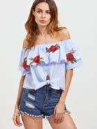 Shein Blue Striped Off The Shoulder Knot Front Ruffle Top With Patch