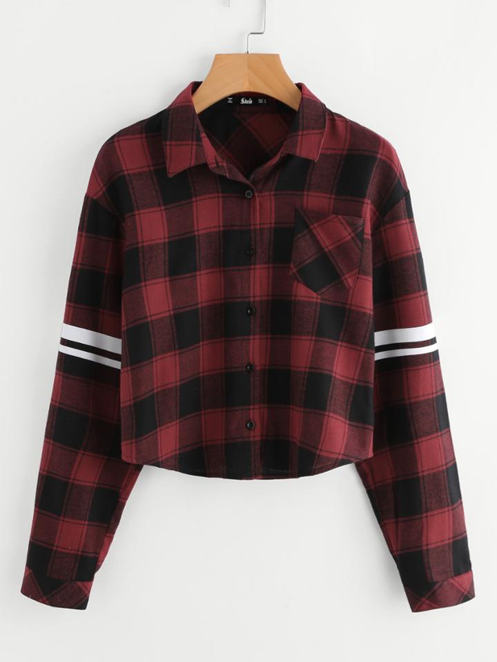Shein Single Pocket Striped Sleeve Curved Hem Checkered Shirt