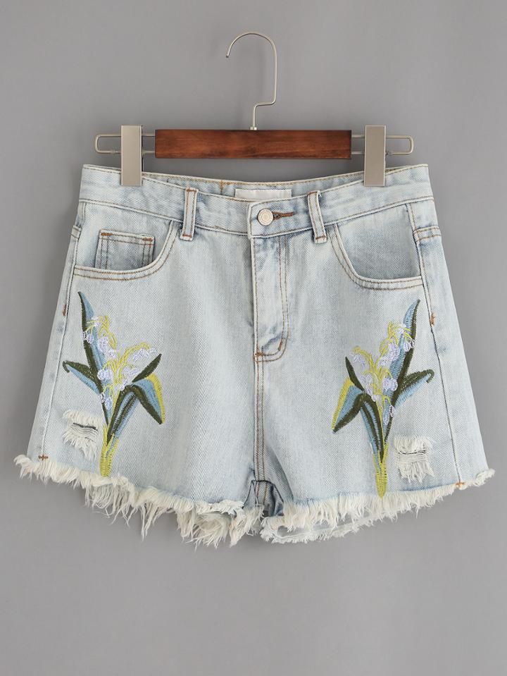 Shein Pale Blue Raw Hem Embroidered Denim Shorts