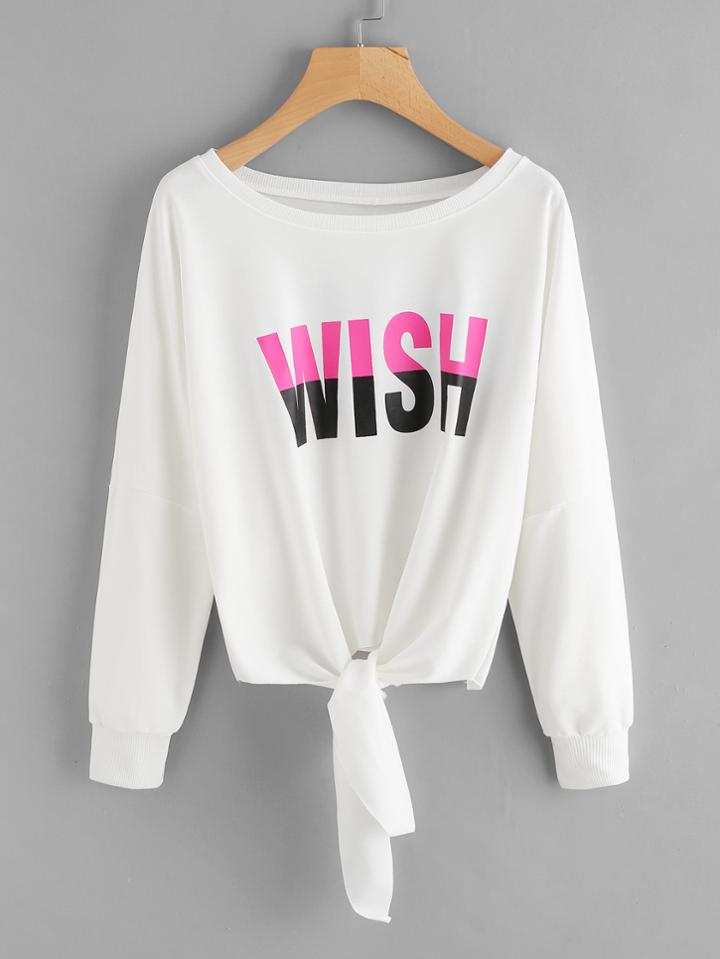 Shein Letter Print Drop Shoulder Knotted Pullover