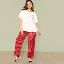 Shein Plus Ruffle Hem Top & Striped Pants Pj Set