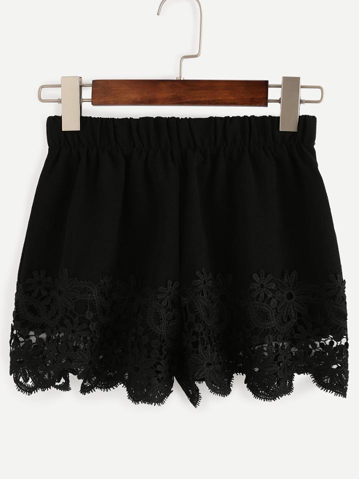 Shein Black Eyelash Lace Trimmed Elastic Waist Shorts
