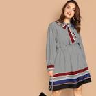 Shein Plus Allover Print Tie Neck Elastic Waist Dress