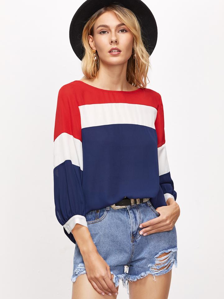 Shein Color Block 3/4 Lantern Sleeve Blouse