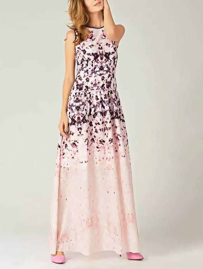 Shein Pink Round Neck Sleeveless Floral Print Maxi Dress