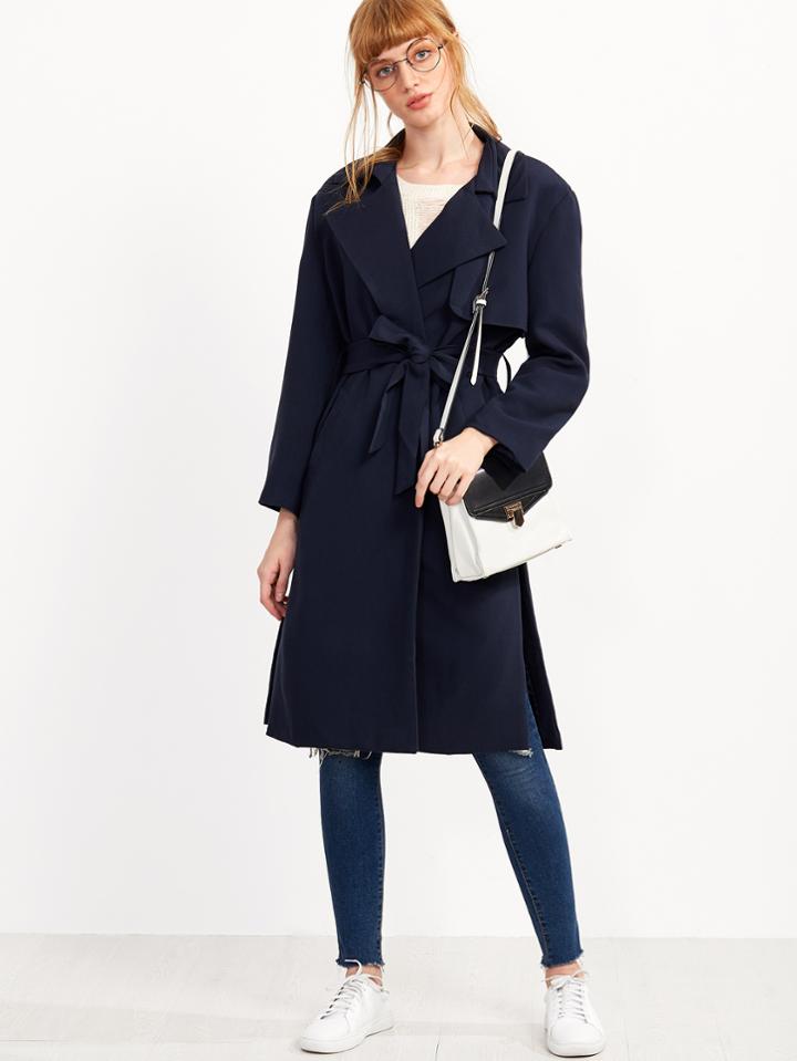 Shein Navy Slit Side Self Tie Layered Trench Coat