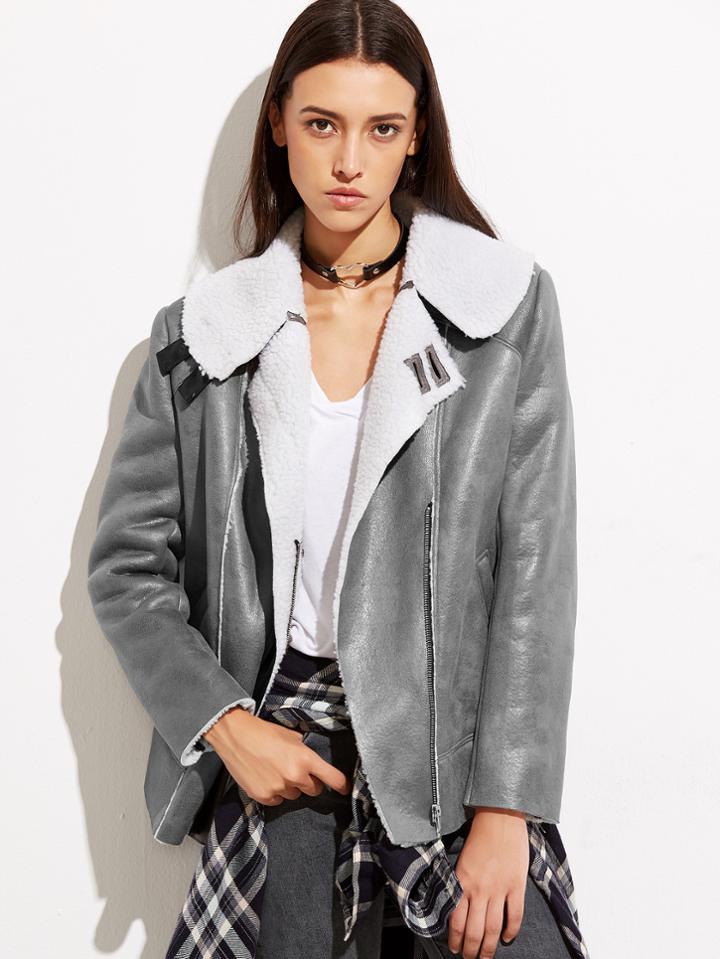 Shein Grey Faux Shearling Asymmetric Zip Jacket